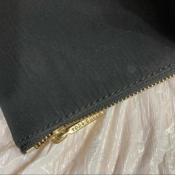 Tory Burch black nylon leather quilted zipper tote bag